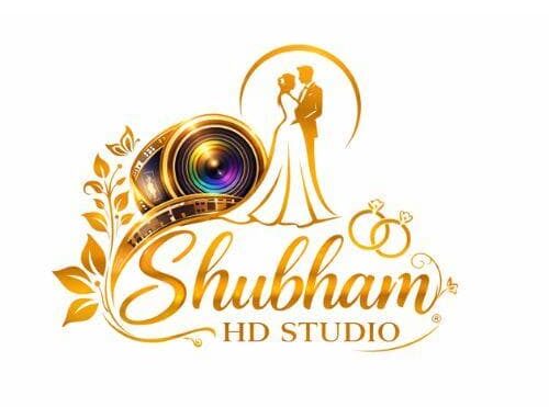Wedding couple with camera logo for Shubham HD Studio, photography and videography services.